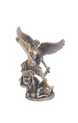 St. Michael in hand-painted pewter style finish with gold trim 6"